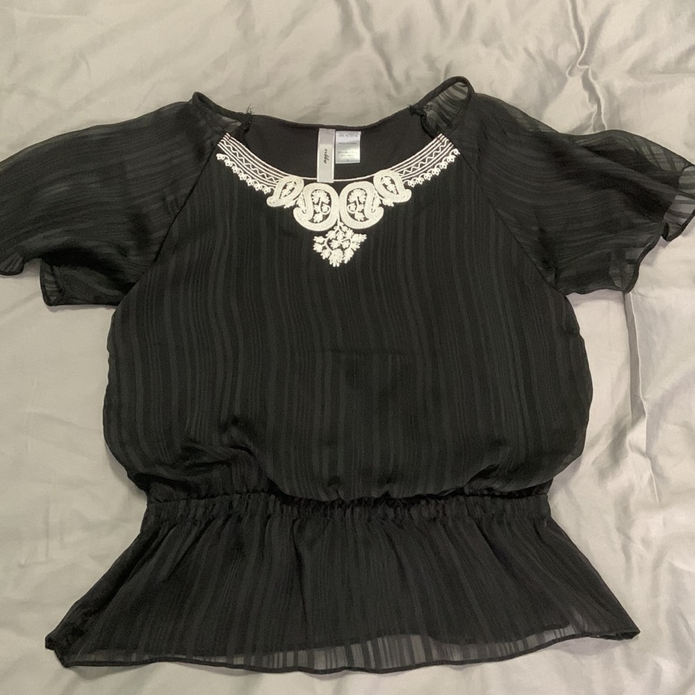 Embroidered Partially Sheer Flutter Sleeve Top